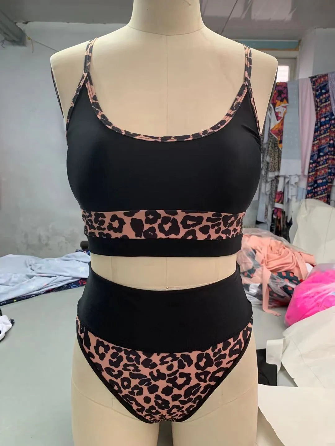 Women's high waist split bikini swimsuit in white and leopard print options