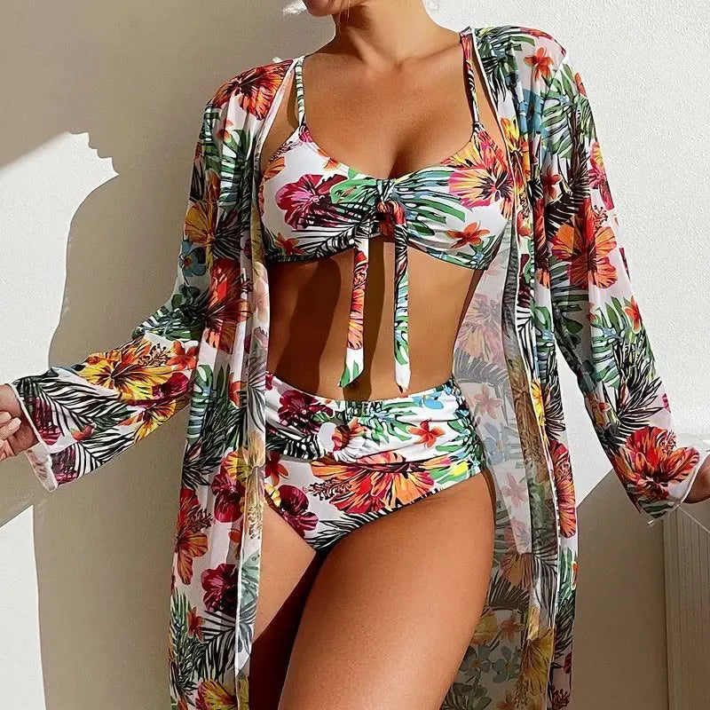 Women's long blouse split bikini plus size swimsuit in loose leisure fit with ruffle sleeves