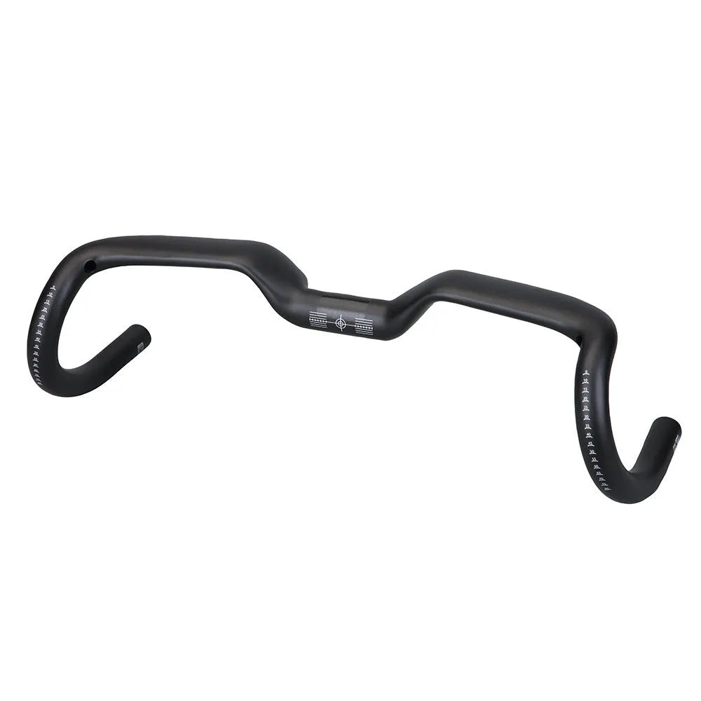 Black carbon fibre road bicycle handlebars showing large swing angle design