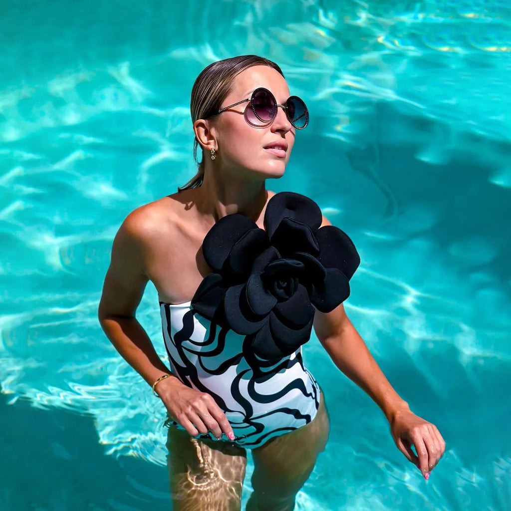 One-piece swimsuit with three-dimensional floral pattern showing European and American fit