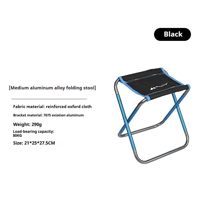 Black aluminium alloy folding camp stool shown in open and folded positions for portable outdoor seating.
