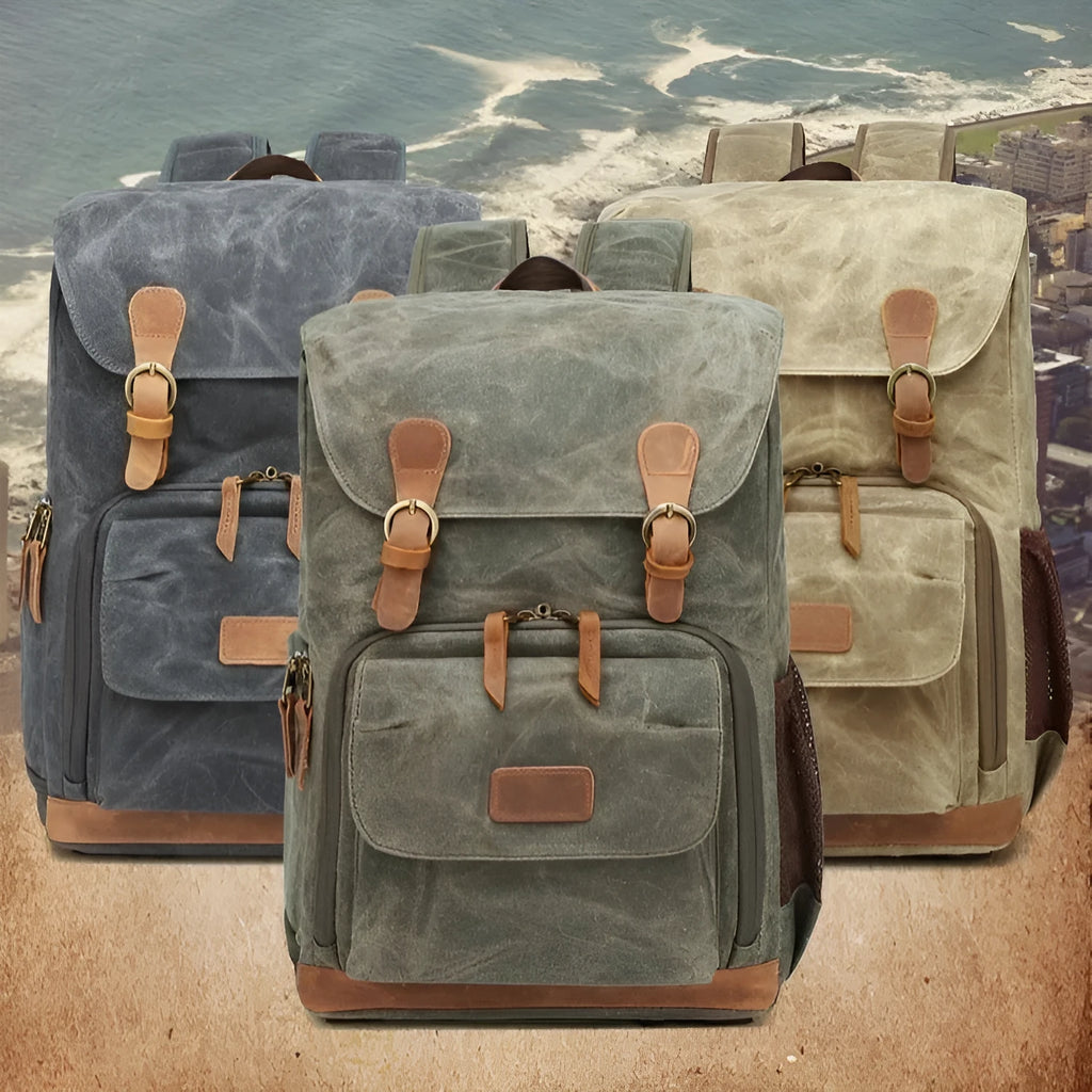 Canvas DSLR camera backpack in khaki colour showing backpack straps and main compartment