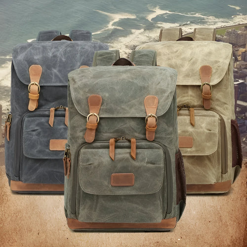 Canvas DSLR camera backpack in khaki colour showing backpack straps and main compartment