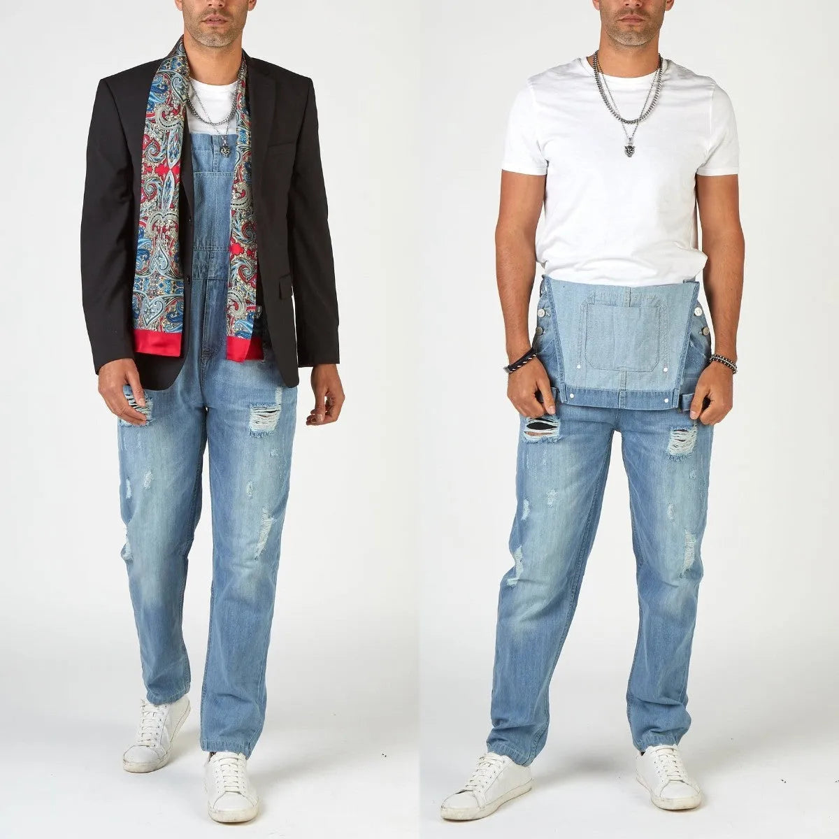 Light blue ripped suspender pants men's jeans with high waist and straight leg design