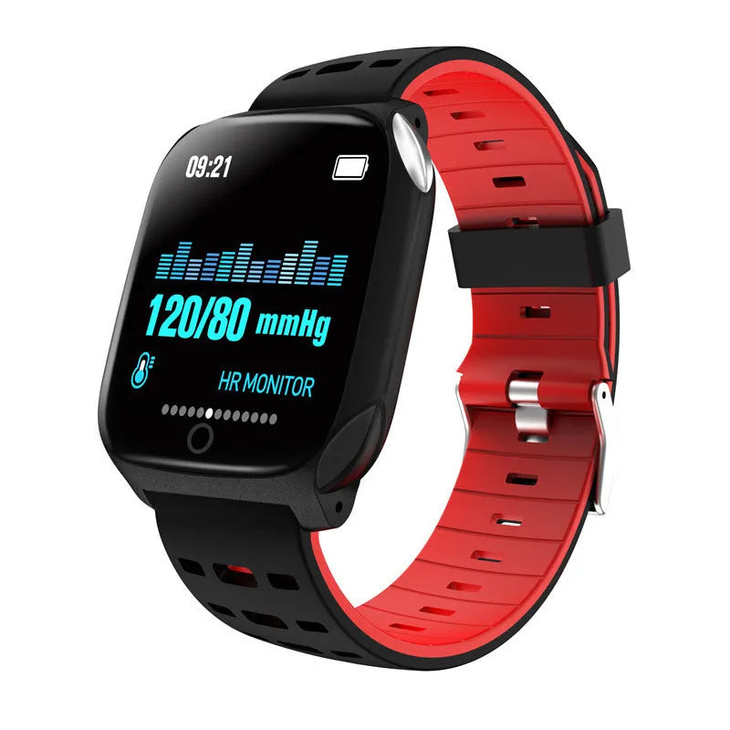 F16 Smart Watch with ECG monitor on wrist, showing black grey colour option with IPS touch screen.
