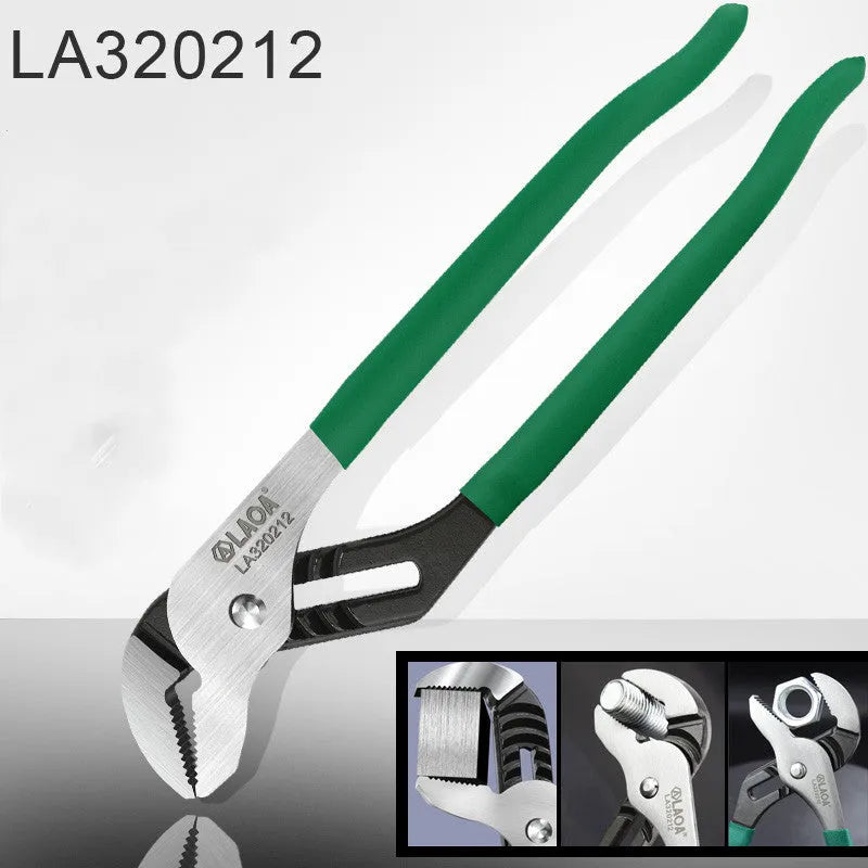 Adjustable water pipe wrench set showing four size options with CR-V steel construction and multi-gear adjustment mechanism