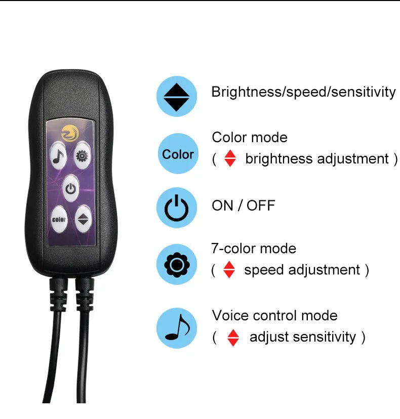 USB car LED atmosphere lamp with colourful colour-changing light strips for centre console and dashboard installation