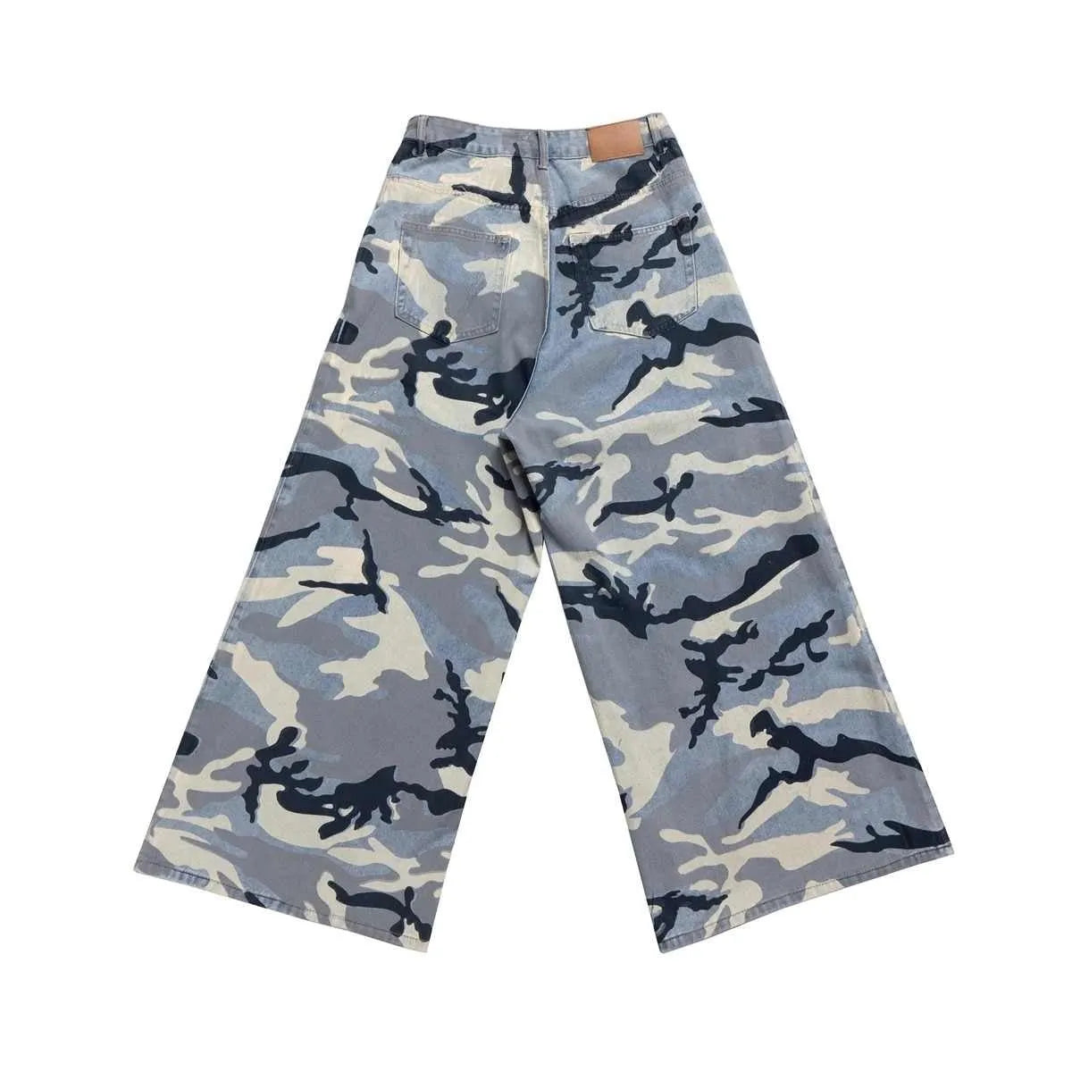 Blue snow camouflage pattern loose fit jeans with mid waist design and micro-elastic denim fabric