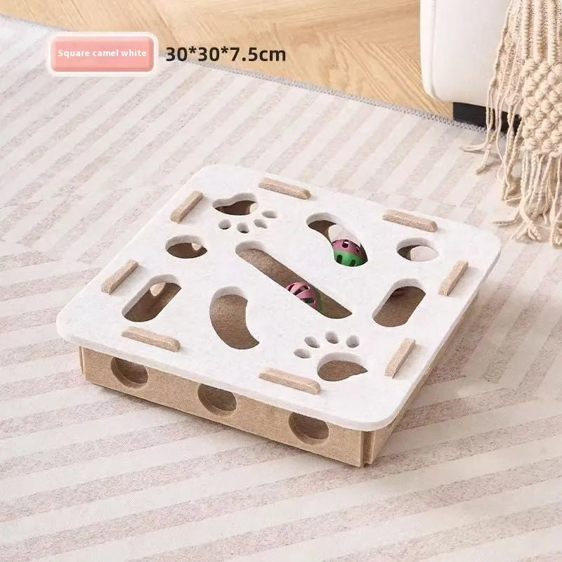 Square felt cat toy box with multiple entry holes for hide-and-seek play