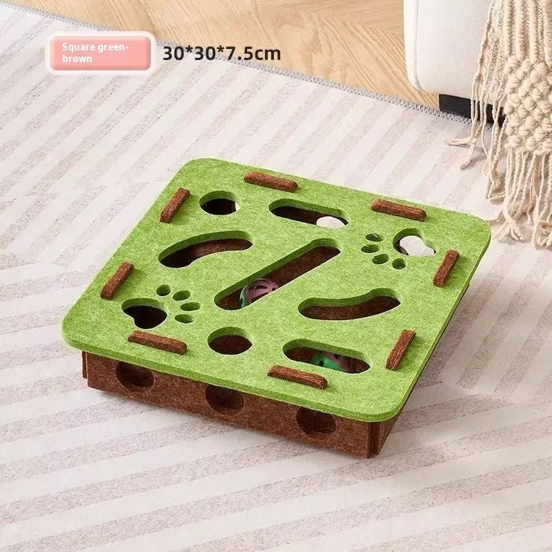 Square felt cat toy box with multiple entry holes for hide-and-seek play
