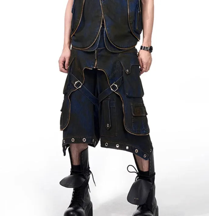 Blue hooded denim vest coat with matching trousers Korean style set