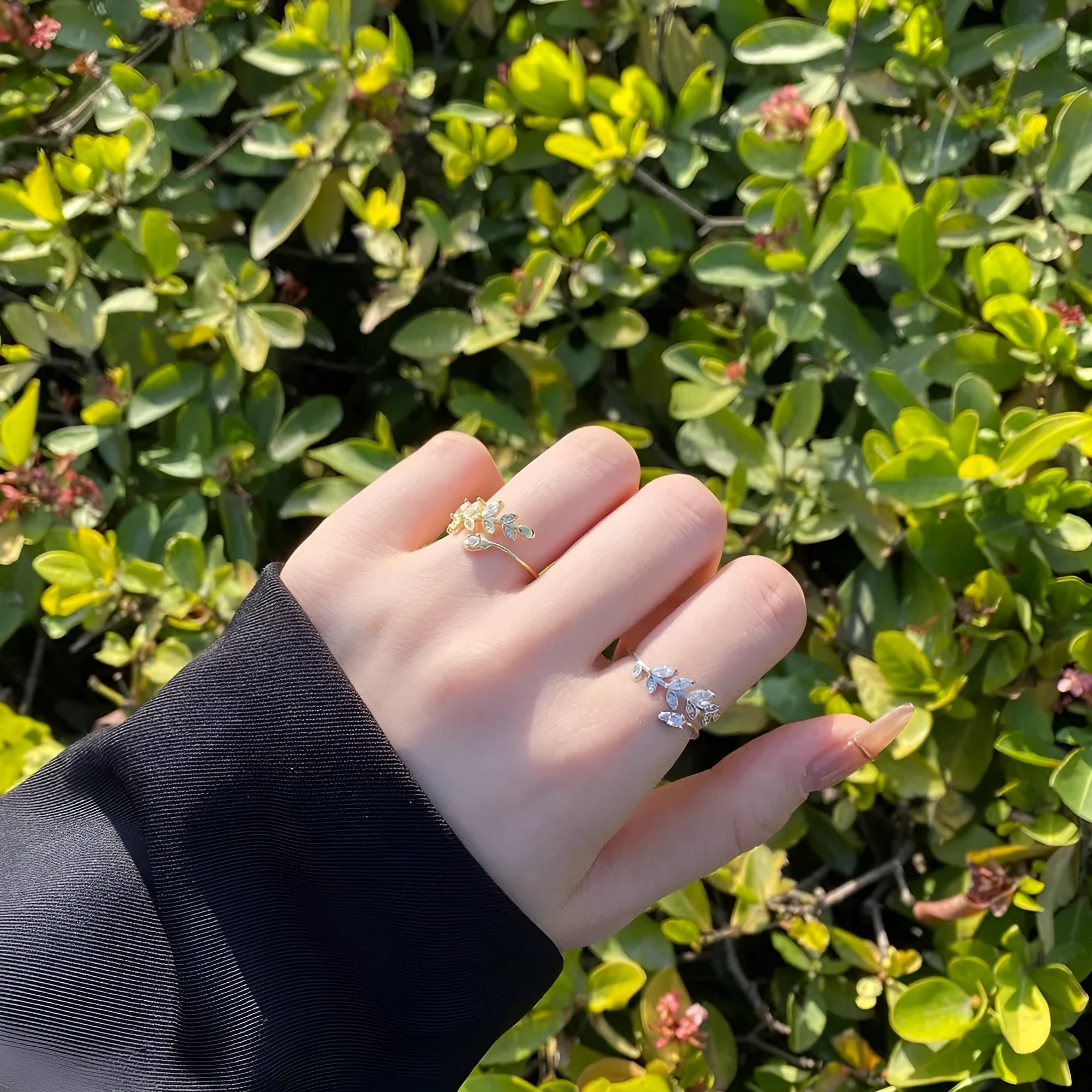 Silver adjustable ring for women with wheat leaf geometric pattern platinum colour