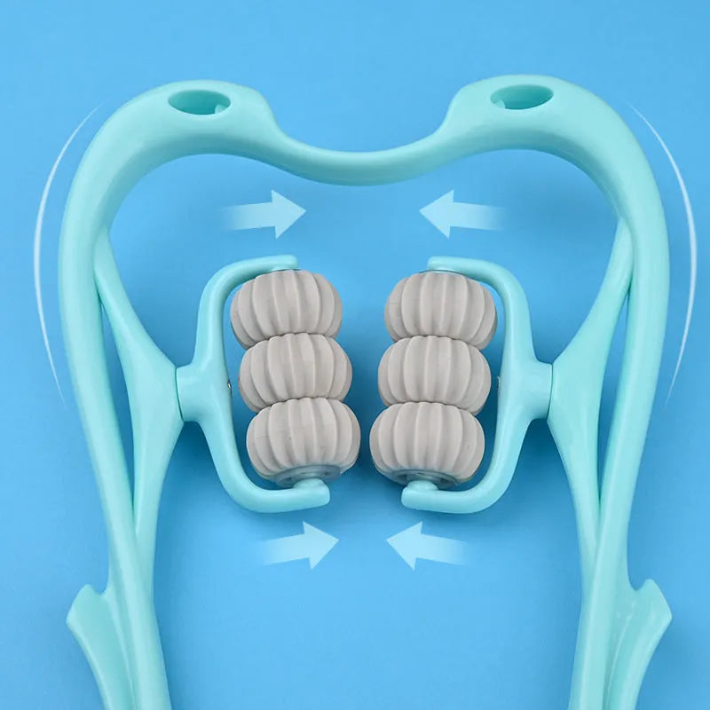 Blue plastic manual massager with six rotating wheels for neck, shoulder, and waist