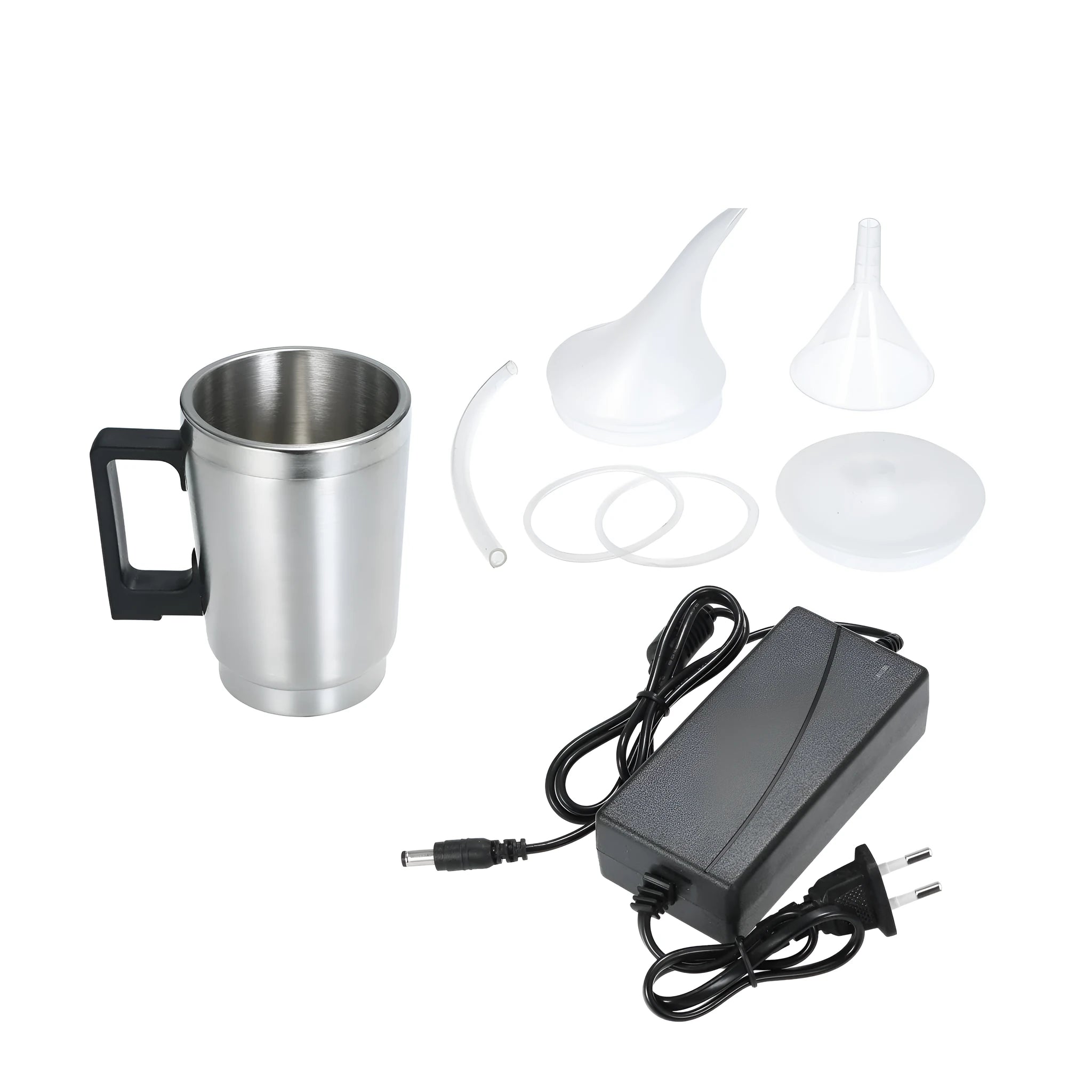 Automobile headlamp renovation kit showing stainless steel polishing cups with elbow and funnel covers alongside GB/US and European power adapters