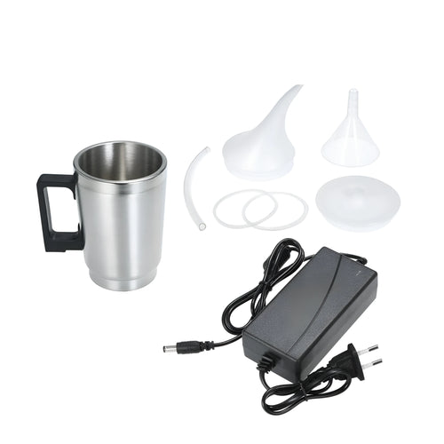 Automobile headlamp renovation kit showing stainless steel polishing cups with elbow and funnel covers alongside GB/US and European power adapters
