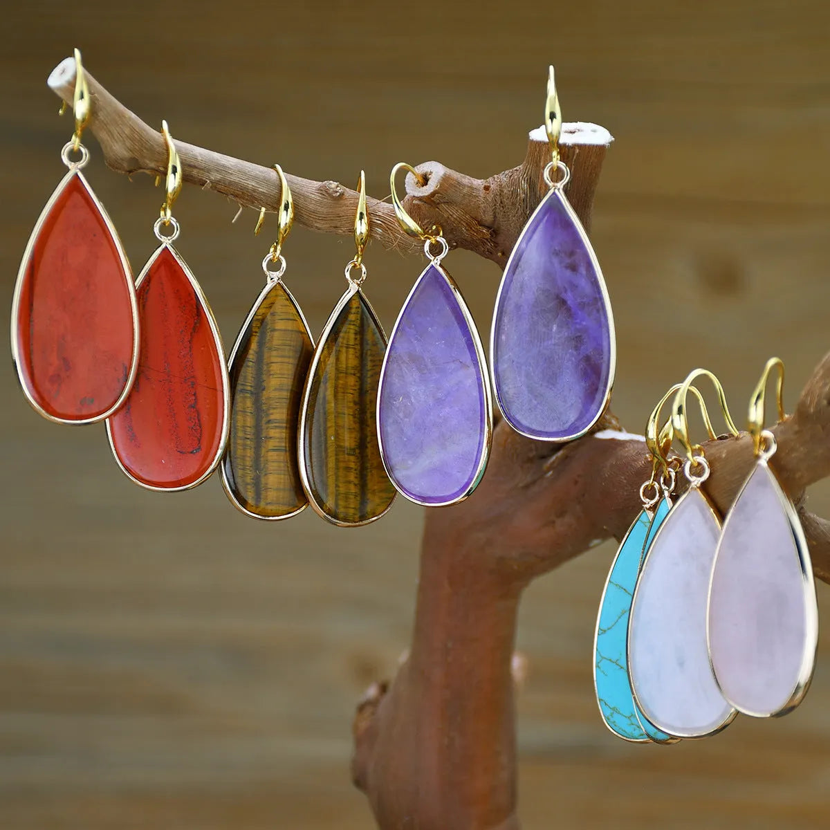 Vintage long water drop earrings handcrafted from Tigereye stone with retro design