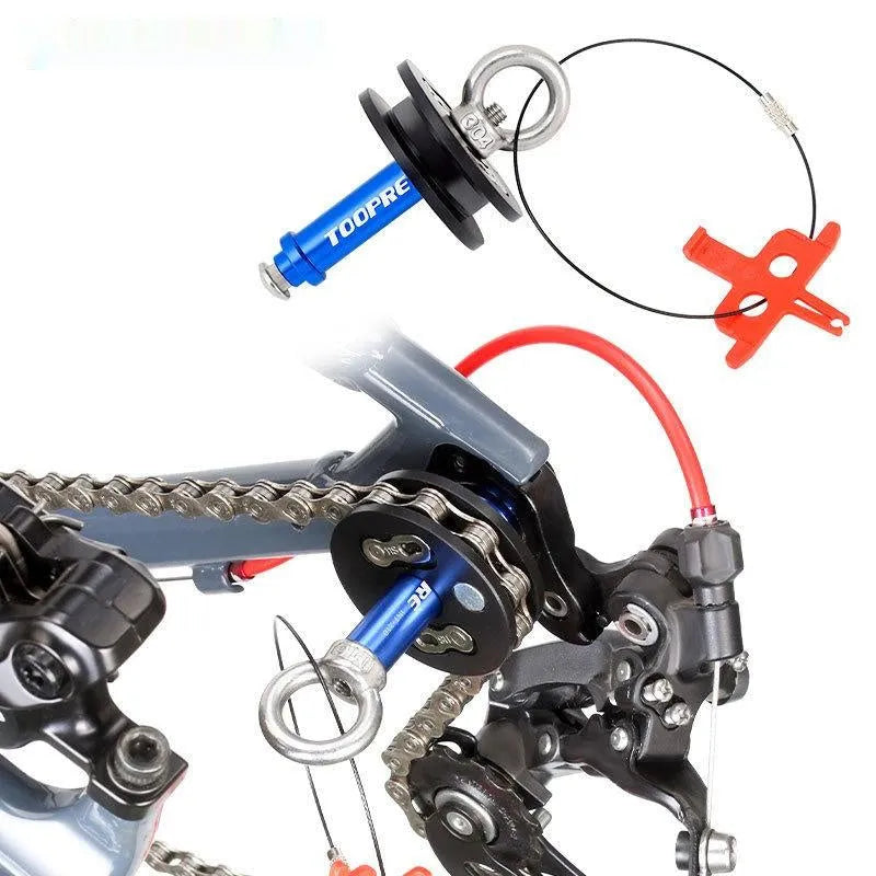 Aluminium alloy bicycle chain holder tool in three format options on a workshop bench.