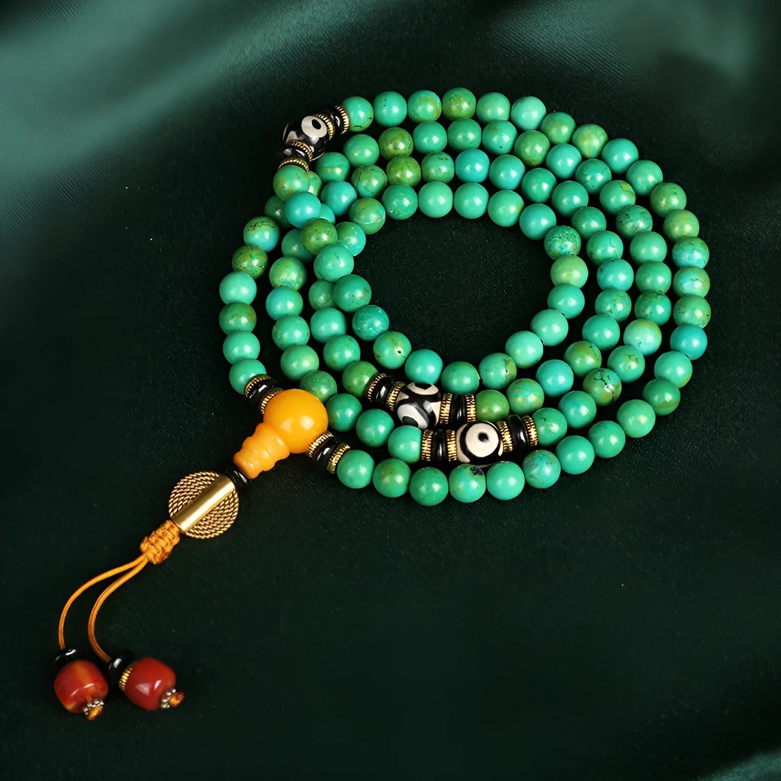 Natural turquoise bracelet with 108 round polished 8mm beads on a string.