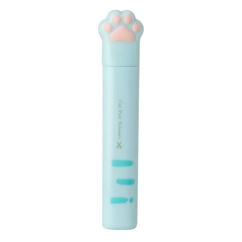 Small stainless steel folding scissors with cat paw handles shown in pink, blue, black, and white.