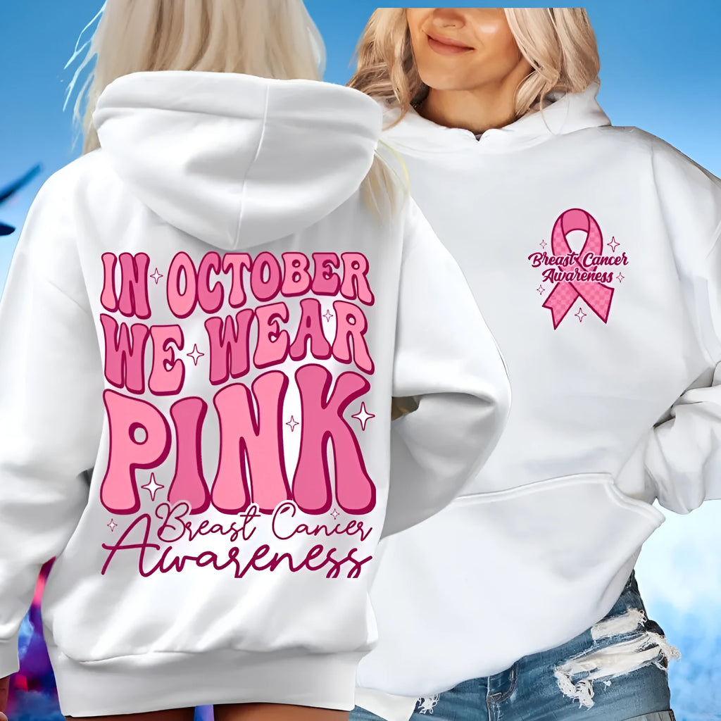 Women's pink Breast Cancer Awareness pullover hoodie with retro hot stamp print and side seam pockets.