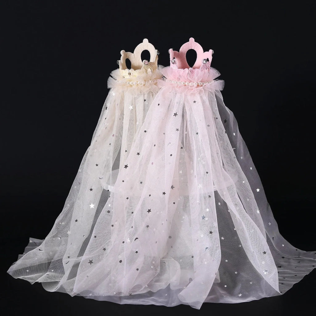 Pet wedding princess crown headdress for cats with beige and pink crown veil options