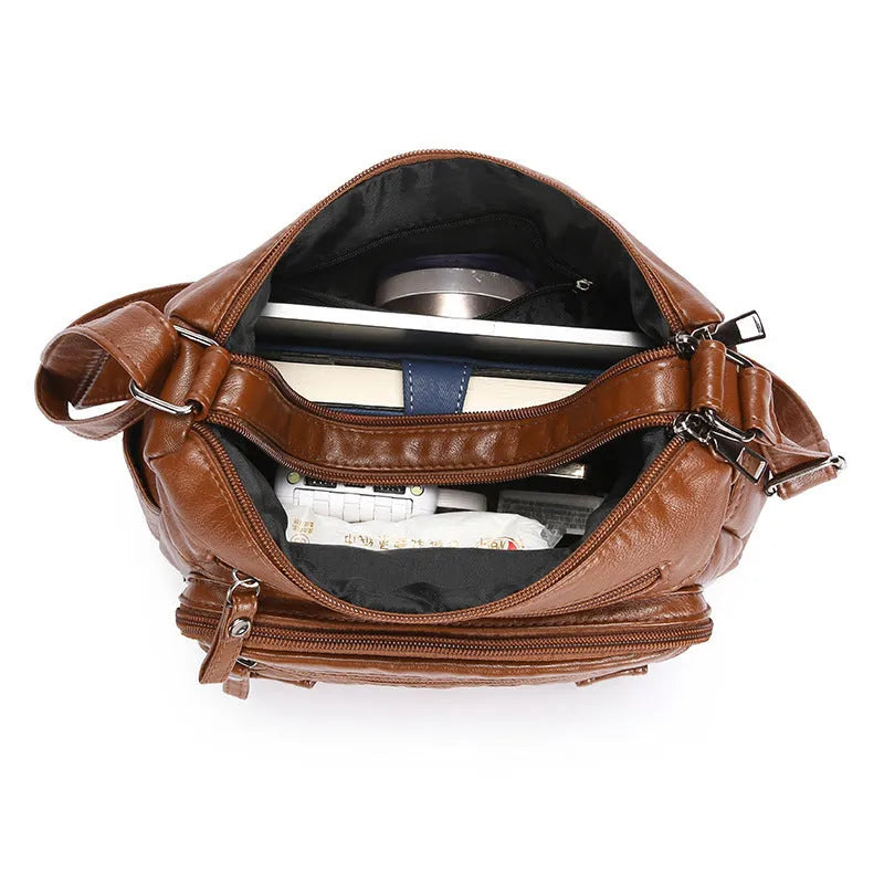 New washed PU shoulder messenger bag in horizontal square shape with three-dimensional pocket, 26x19x8cm