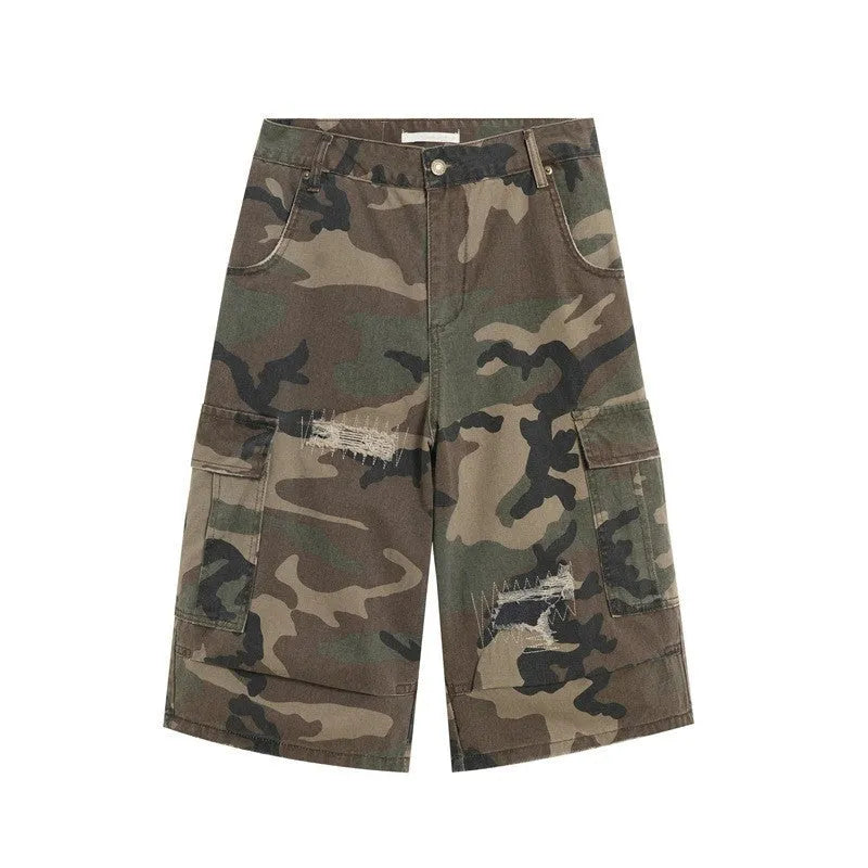 Men's camouflage cropped jeans with retro patch ripped detailing and straight-leg fit