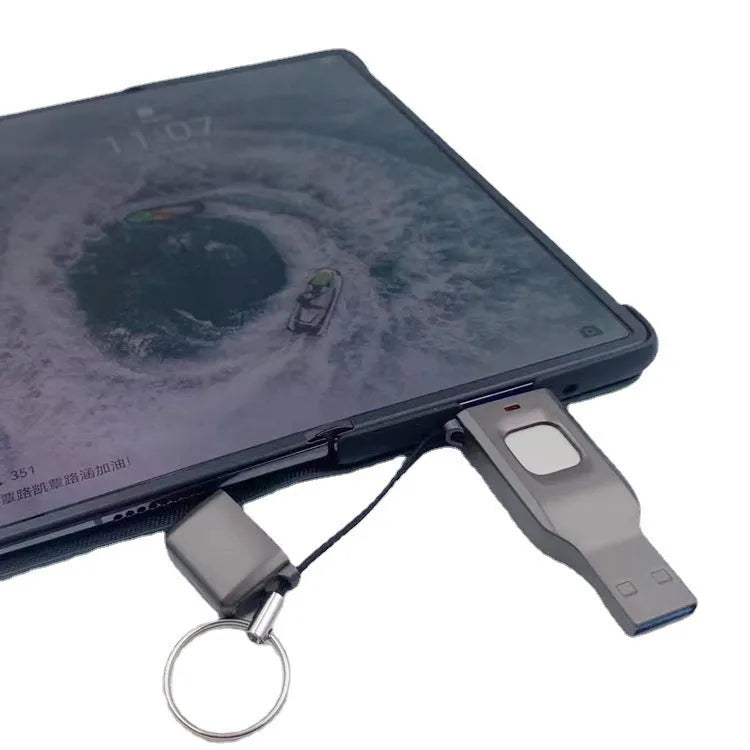 Black fingerprint USB flash drive with metal shell showing USB 3.0 and Type-C interfaces