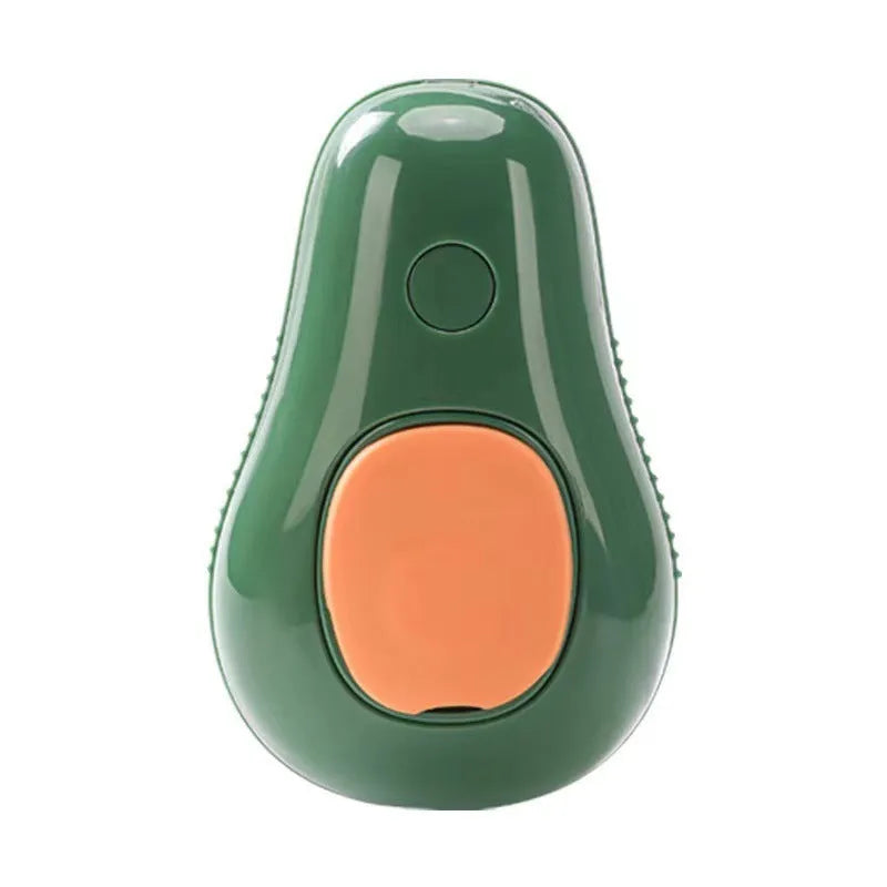 Avocado green handheld pet spray massage brush with rotating bristle head and bottle of essence.