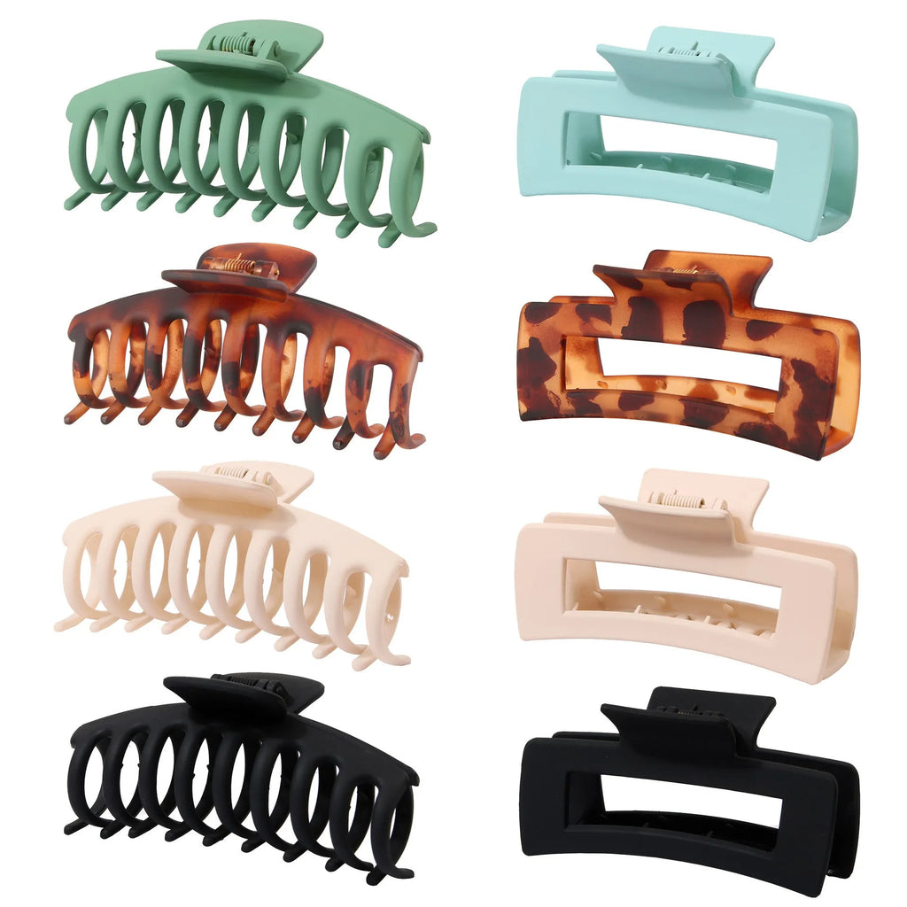 Six rose red plastic hair clips with frosted grip and quadrilateral design displayed together