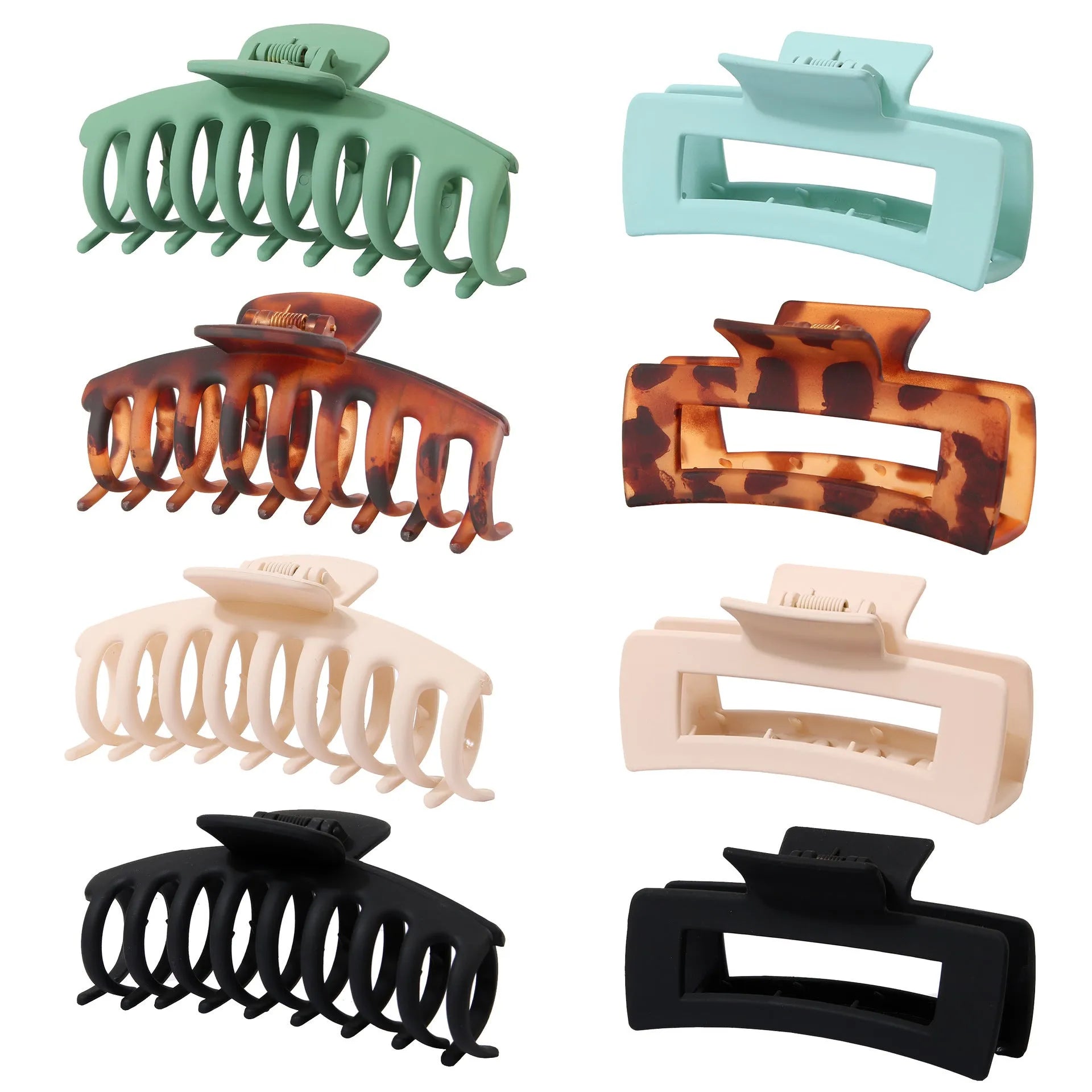 Six rose red plastic hair clips with frosted grip and quadrilateral design displayed together