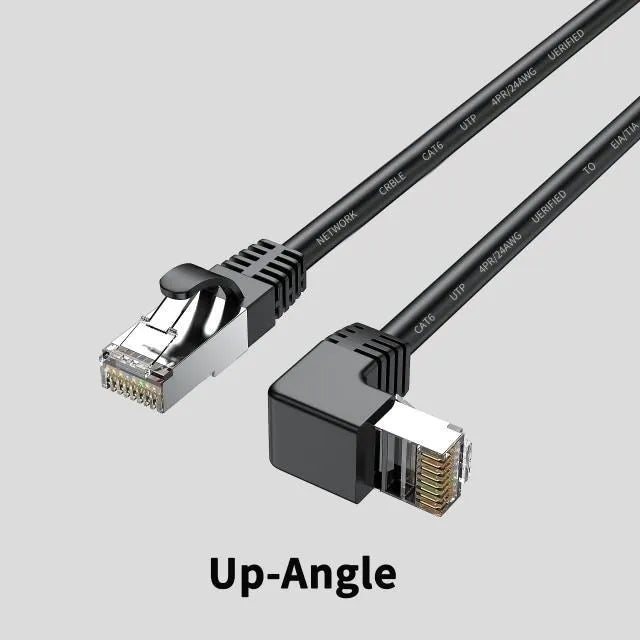 Cat6 Ethernet cable with right-angled metal RJ45 connectors in various colours including black, white, orange, and yellow.