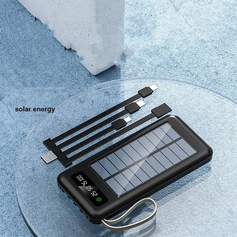 Black and white solar power bank showing front view with dimensions 144mm by 68mm.