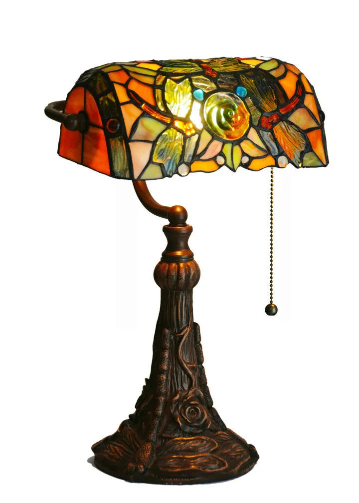10-inch Tiffany table lamp with stained glass shade on resin base for study room decoration