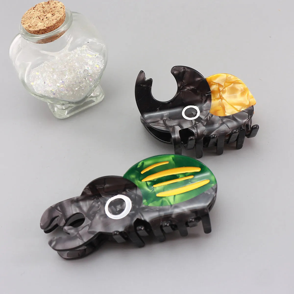 Handmade transparent acetate sheet with cartoon beetle and caterpillar illustrations for biology education