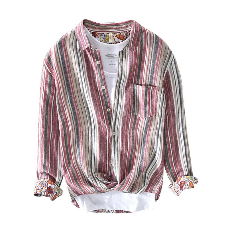 Men's striped linen casual shirt with long sleeves shown in loose fit grey and red colour options
