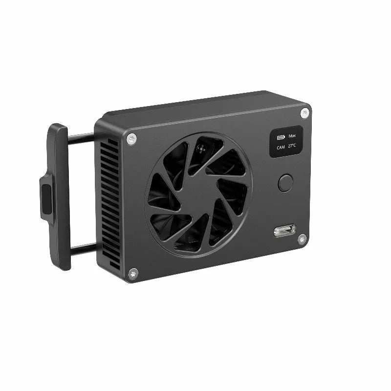 Black aluminium alloy radiator cooler fan with integrated blades, showing compact rectangular form.