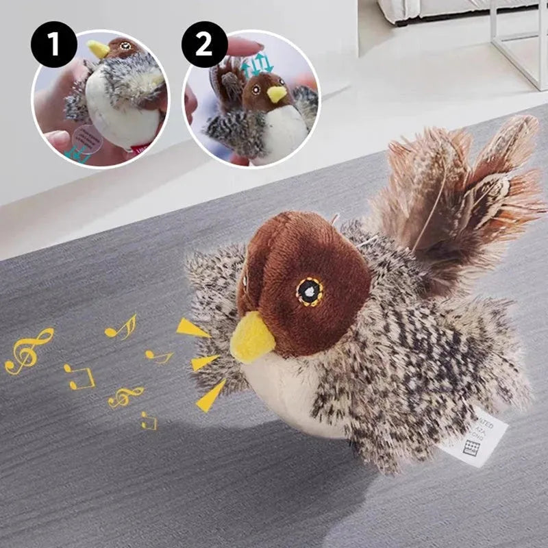 Interactive cat toy electric squeaky simulation bird plush with feather and chirping sound