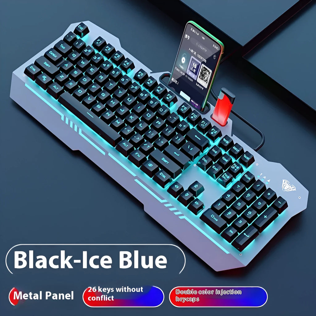 Black and white wired mechanical-feeling keyboard mouse headset bundles with RGB or blue backlighting