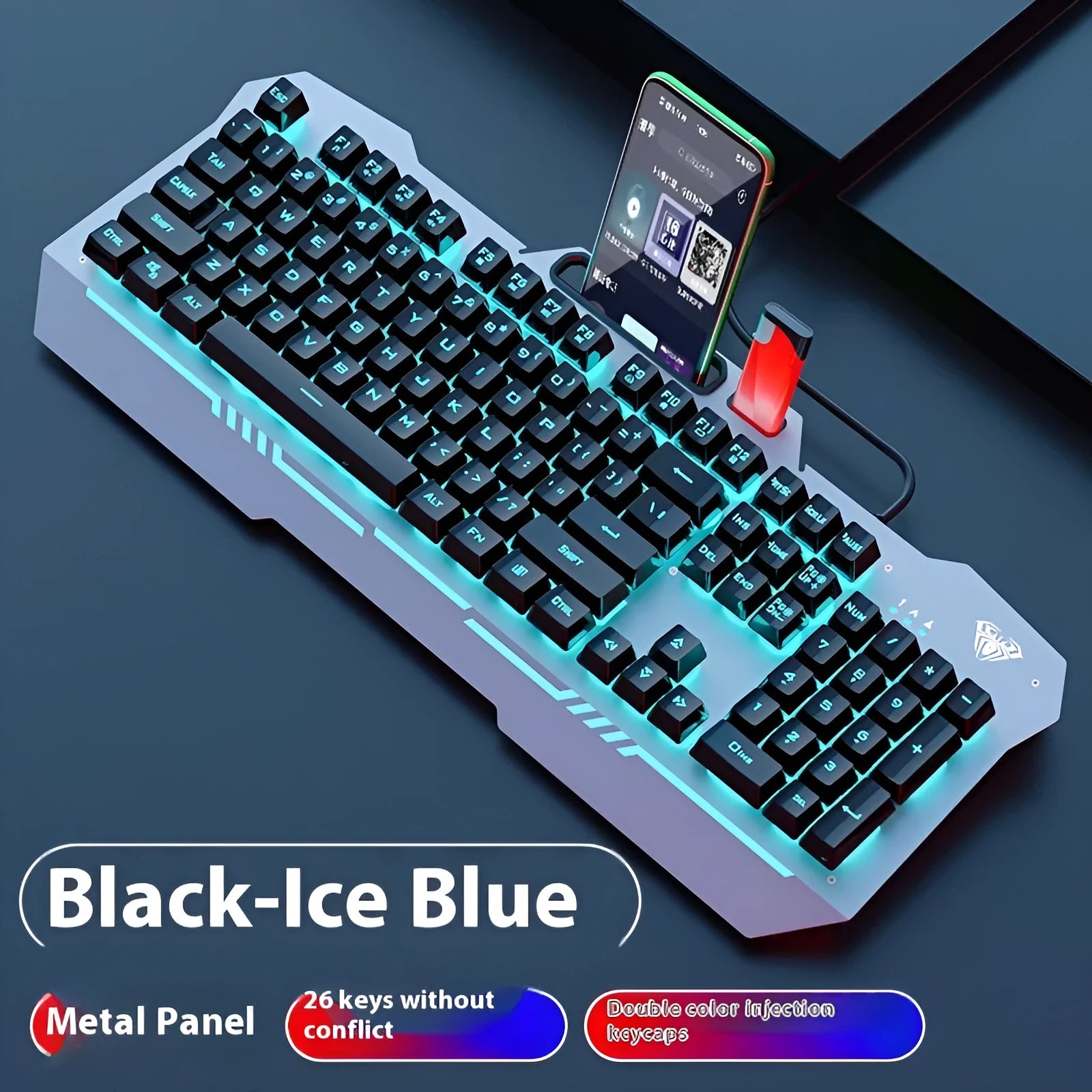 Black and white wired mechanical-feeling keyboard mouse headset bundles with RGB or blue backlighting