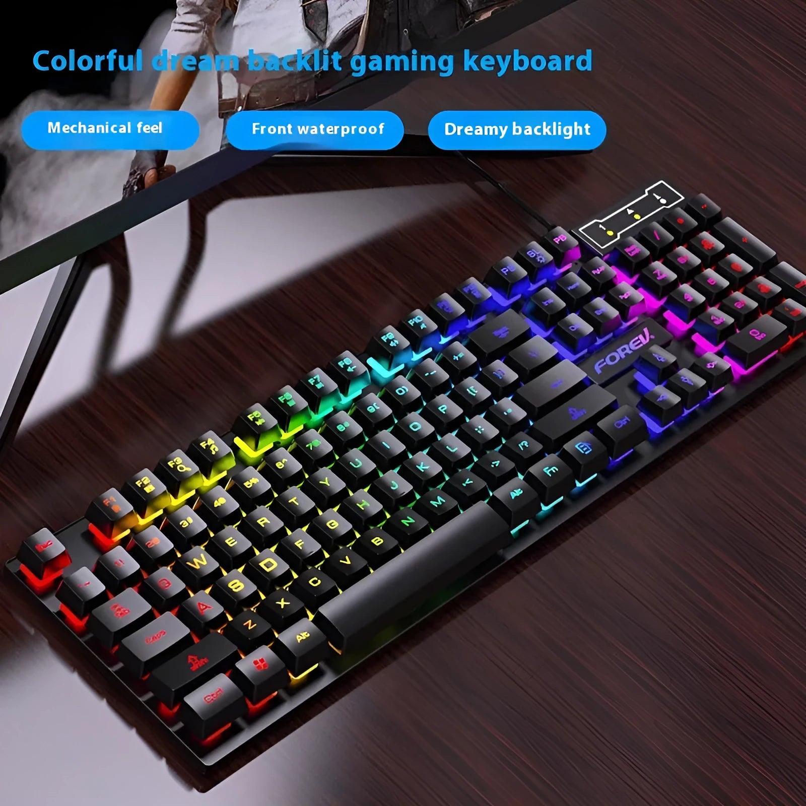 Black 104-key mechanical keyboard with backlight and 1.5m cable, compatible with Windows PCs