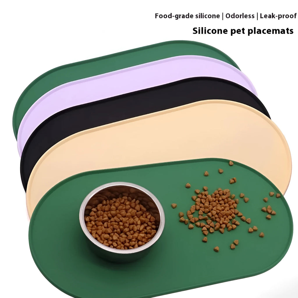 Silicone cat feeding placemat in beige showing food and water bowl placement