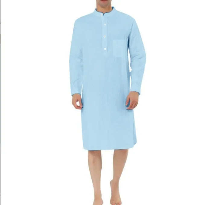 Men's cotton shirt robe shown in multiple colour options including Lake Blue, Light Khaki, White, and Black.