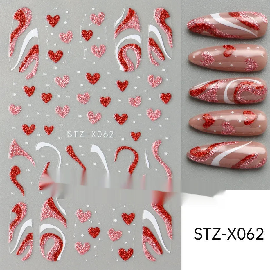 Pack of black and silver strip nail art stickers with cartoon and love pattern designs.
