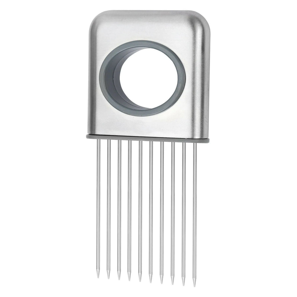Stainless steel onion holder slicer with ABS handle measuring 14cm by 9.5cm