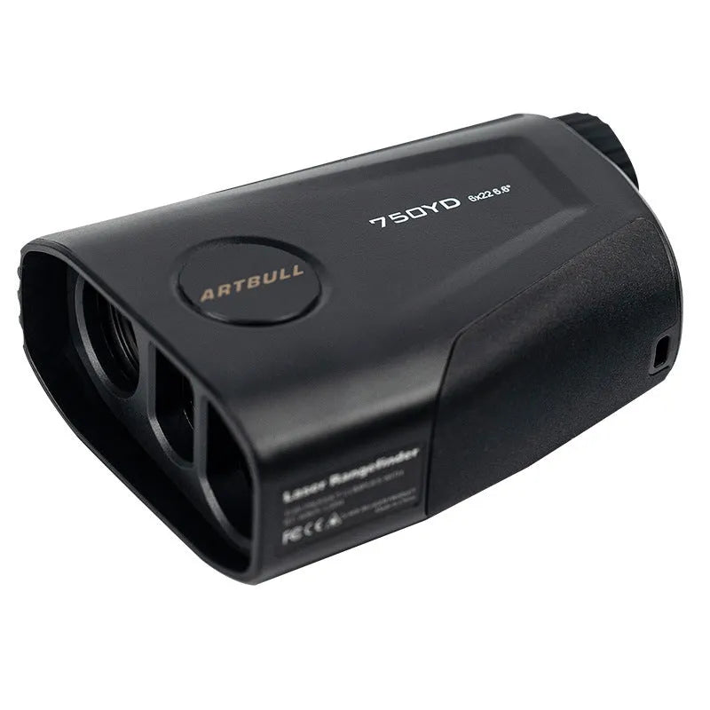 Golf laser rangefinder with slope compensation and USB-C charging showing LCD display with distance measurement