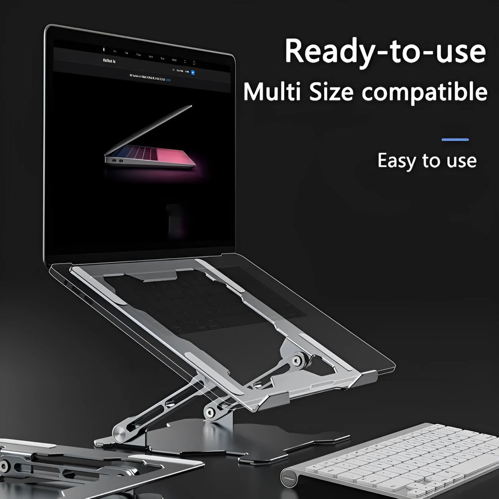Grey adjustable aluminum laptop stand showing folding mechanism and hollow cooling design