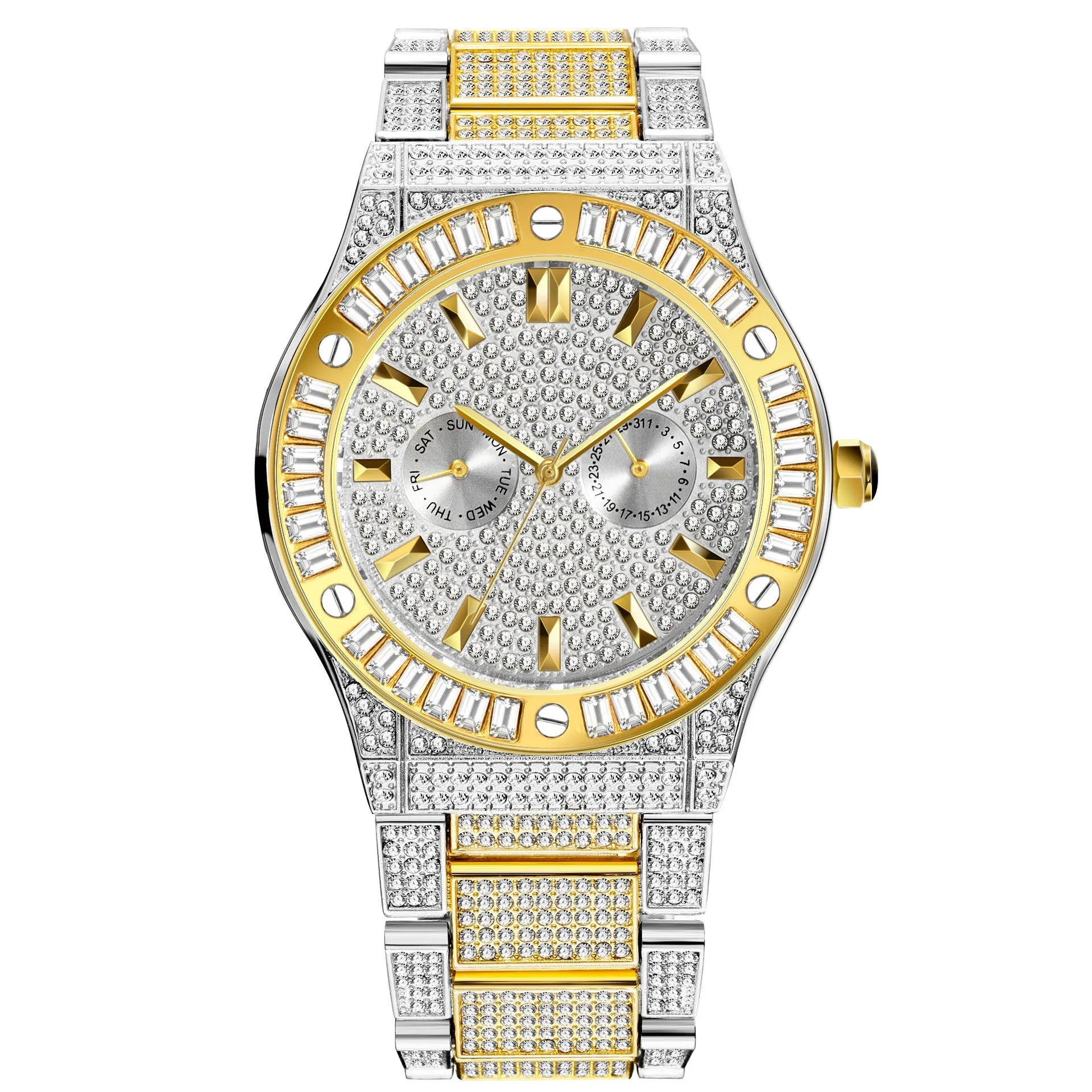 Men's hip hop style quartz watch with large 43mm diamond dial, gold plated strap, and butterfly buckle on a white background