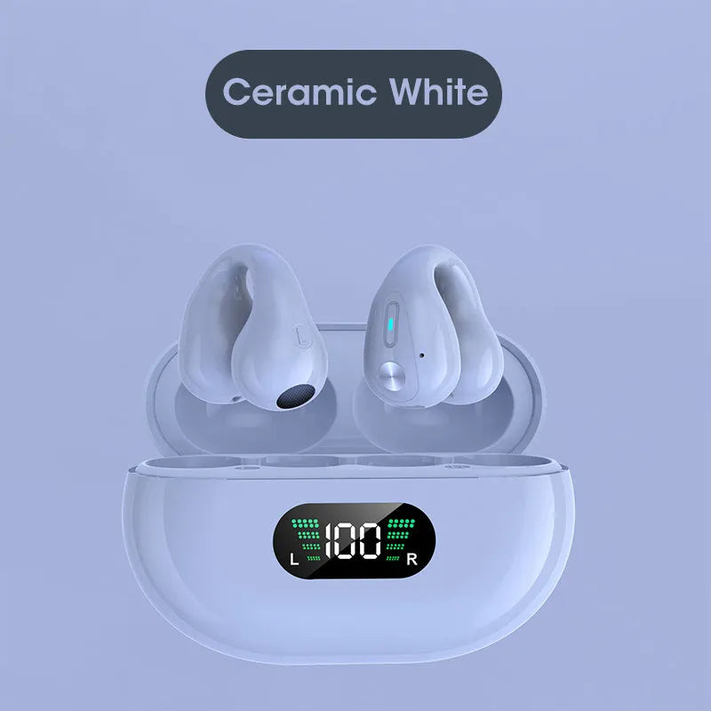 Black bone conduction Bluetooth headset clip showing ear clip design and charging cable