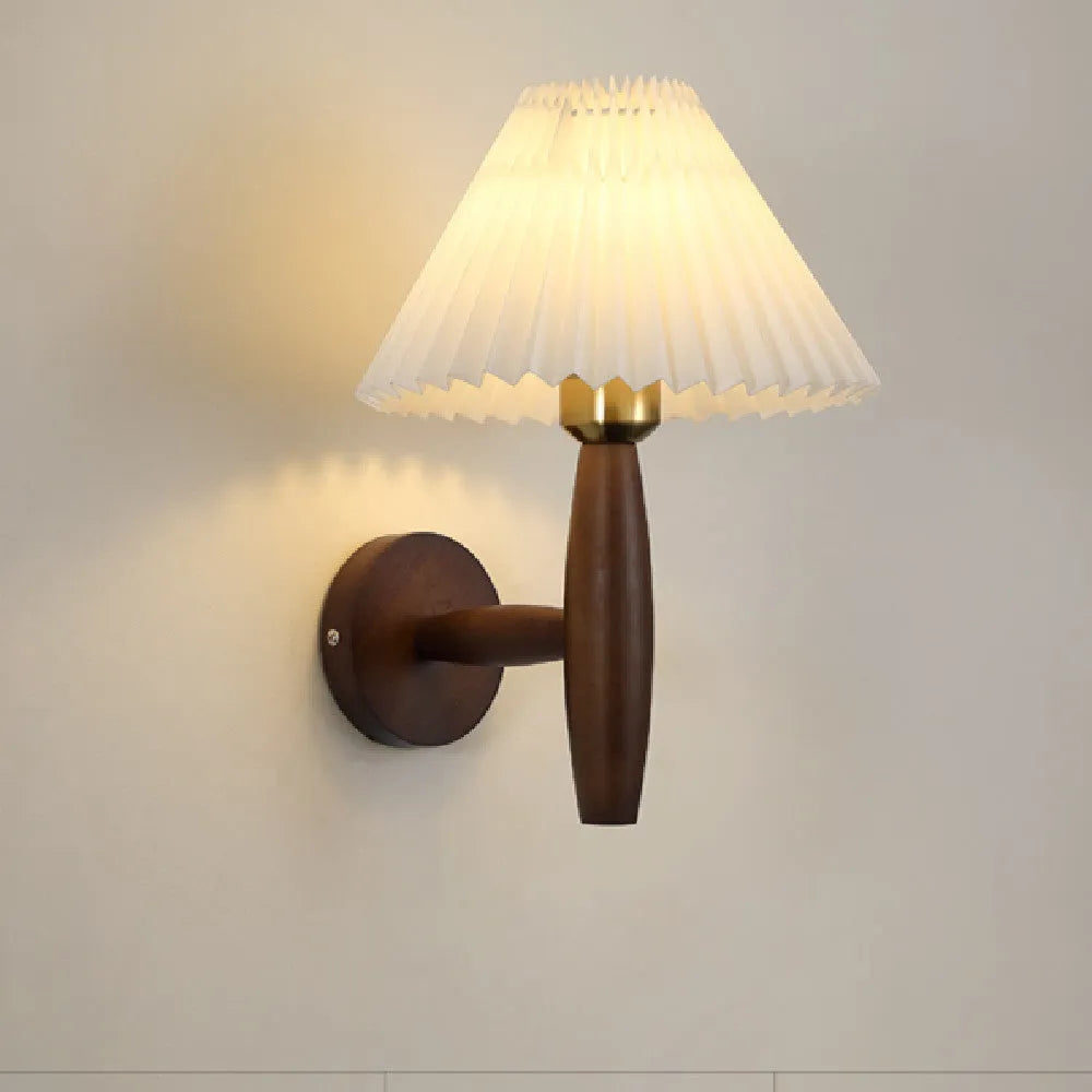 American retro walnut wood wall lamp with fabric shade and copper detailing